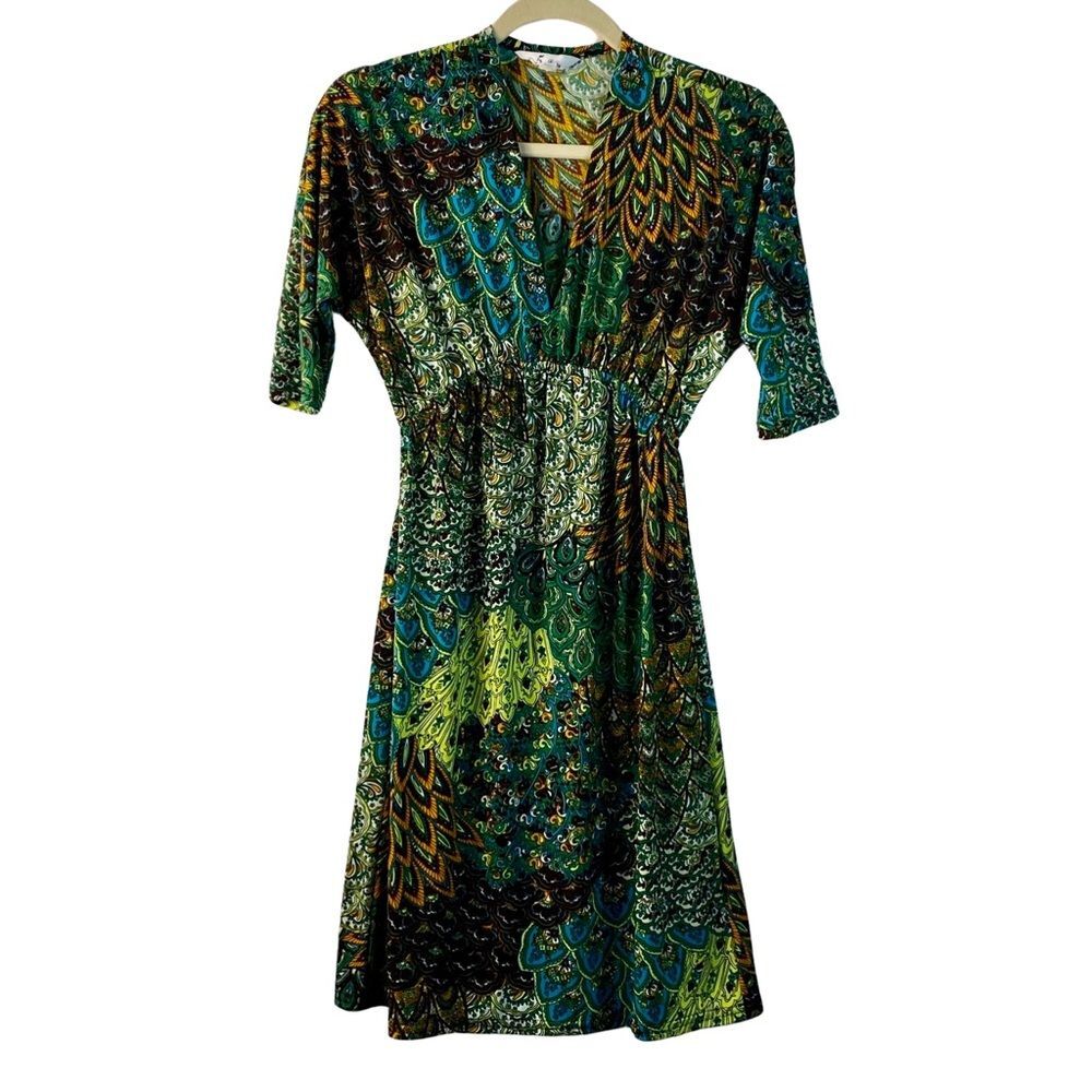 5th & Love Peacock Feather Print V-Neck Empire Waist Midi Dress Size S